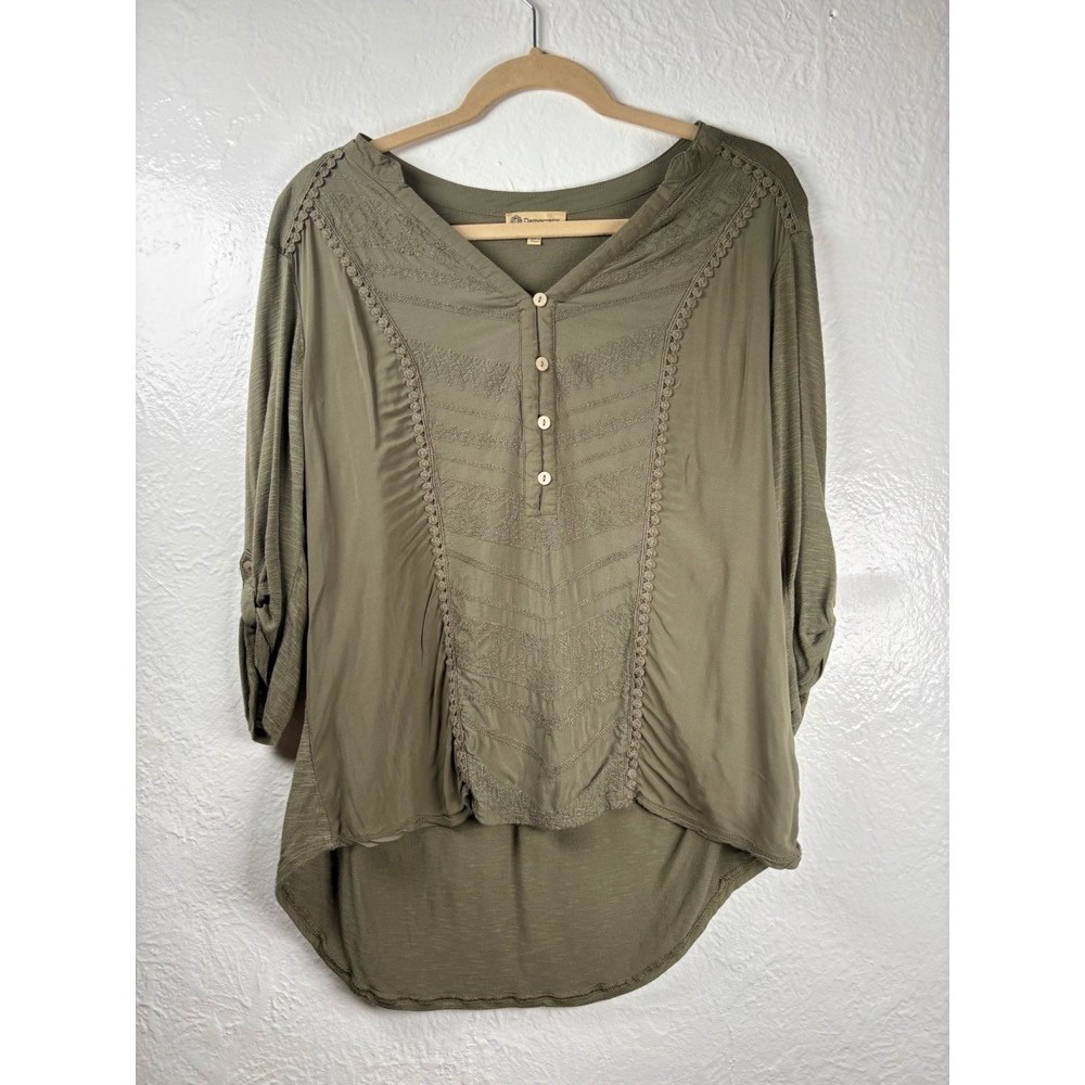 Olive Green Embroidered Tunic Henley Womans L Boho Cottagecore Roll Tab Casual